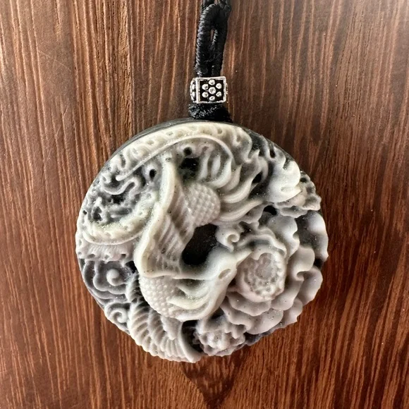 Tai Chi Stone Phoenix an Dragon Pendant Necklace on Black Adjustable Rope - Picture 5 of 13